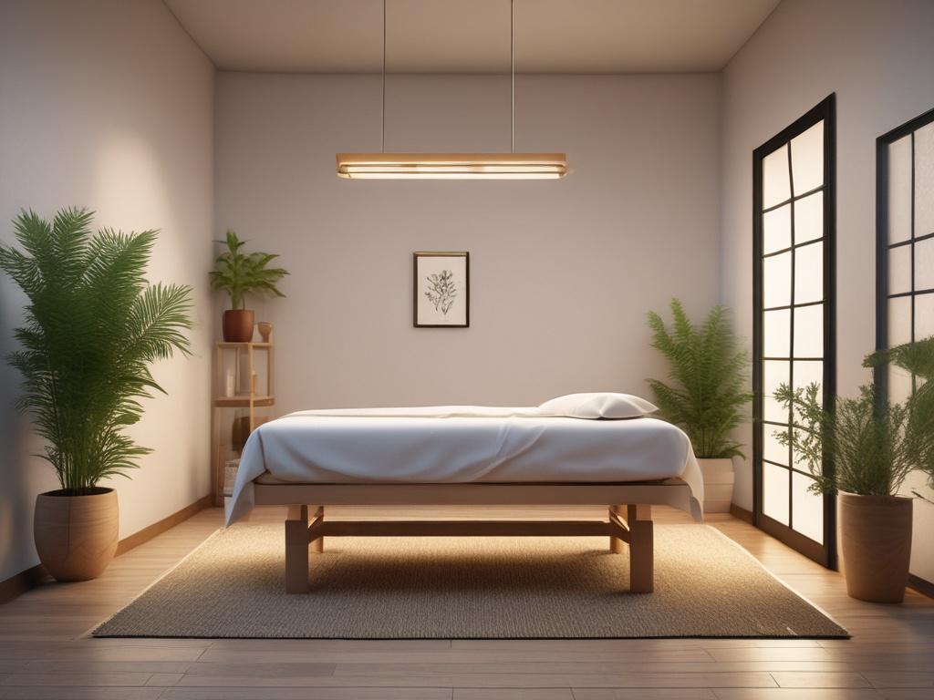 An inviting scene showcasing a peaceful therapy room with holistic treatment elements, such as acupuncture needles and herbal remedies. The atmosphere conveys tranquility and healing, with soft lighting that enhances the calm environment. The image should be high-resolution, taken with a 45mm f/1.2 lens, and aligned with the rgb(226, 1, 1) primary color.