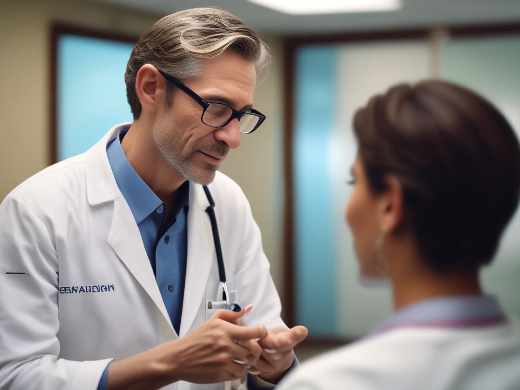 A close-up shot of a compassionate healthcare professional engaging with a patient in a consultation room. The professional is listening intently, showcasing empathy and understanding. The background is softly blurred, emphasizing the connection between the two individuals. The image should have realistic high-resolution quality, shot with a 45mm f/1.2 lens, and compatible with rgb(226, 1, 1) primary color.