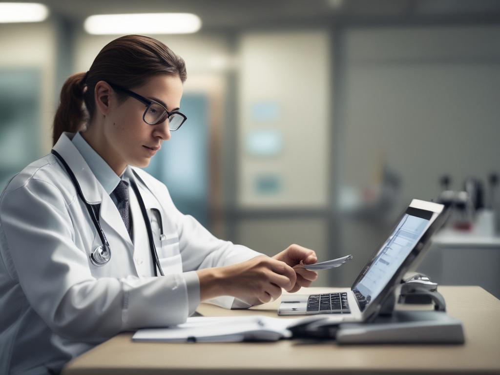 A close-up shot of a healthcare professional in a modern clinic, attentively examining a patient's medical records on a digital tablet. The background shows a well-lit, welcoming examination room with medical equipment neatly arranged. The healthcare professional is focused and compassionate, conveying a sense of expertise and care.
