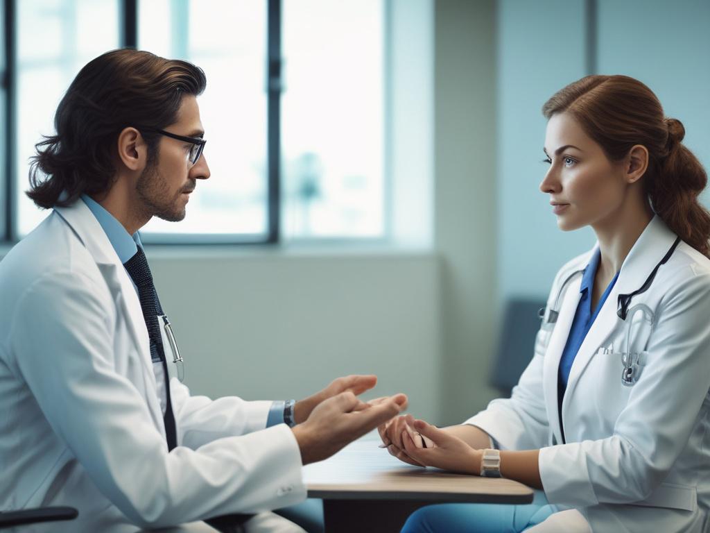 A high-resolution close-up of a doctor speaking with a patient in a bright, modern office. The doctor is explaining treatment options with an engaging expression, while the patient listens intently. In the background, a soothing environment with plants and medical charts creates a reassuring atmosphere.