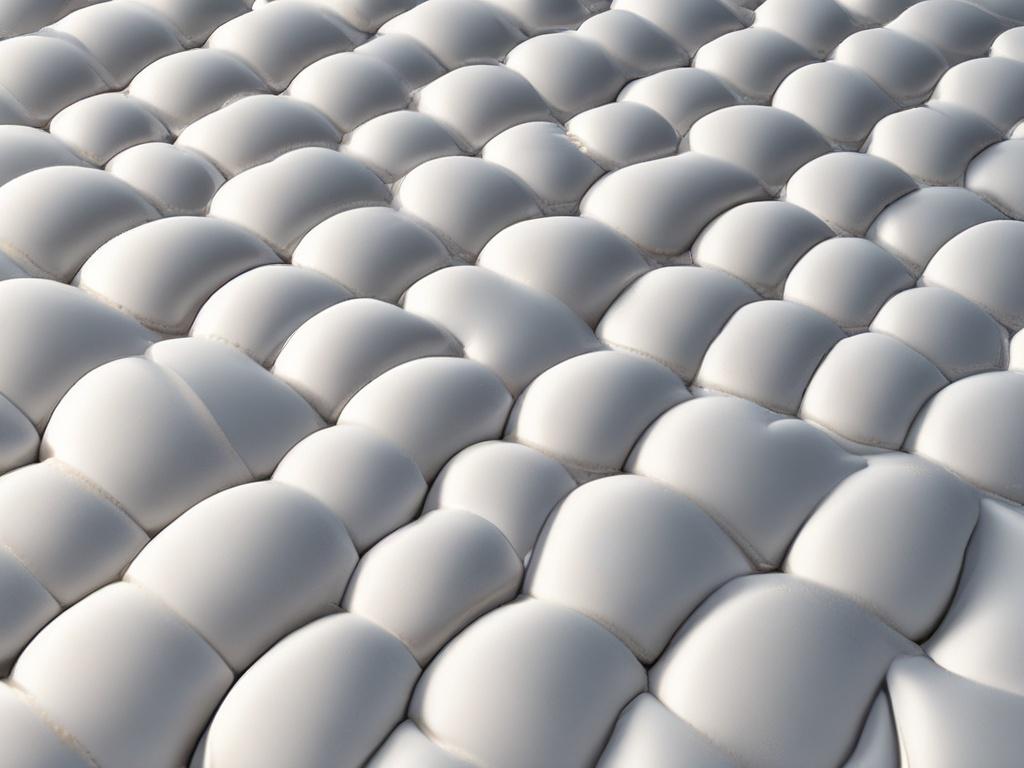 A close-up shot of a luxurious mattress designed for pain relief, showcasing its innovative features. The mattress should appear inviting and comfortable, with soft textures and a well-designed surface. The background should be softly blurred to emphasize the details of the mattress, capturing the essence of a peaceful sleeping environment. The image should be rendered in hyper-realistic quality, focusing on warm, soothing colors that promote relaxation.