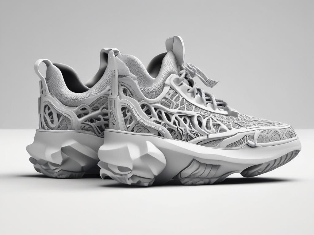 A close-up shot of a pair of modern 3D printed shoes, showcasing intricate design and texture details. The shoes should be placed on a simple white background to highlight their unique structure. The image should be captured with a 45mm f/1.2 lens to create a shallow depth of field, emphasizing the shoes while softly blurring the background.