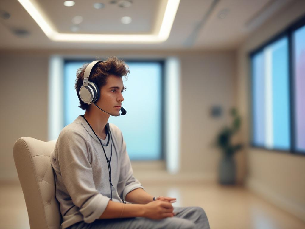 A close-up shot of a person wearing a Neurofeedback headset, sitting in a calm and modern therapy room. The background features soft, soothing colors with natural light filtering through a window, creating a serene atmosphere. The focus is entirely on the individual, showcasing a look of concentration and peace as they engage in the Neurofeedback session. Shot with a 45mm f/1.2 lens style to emphasize clarity and detail.