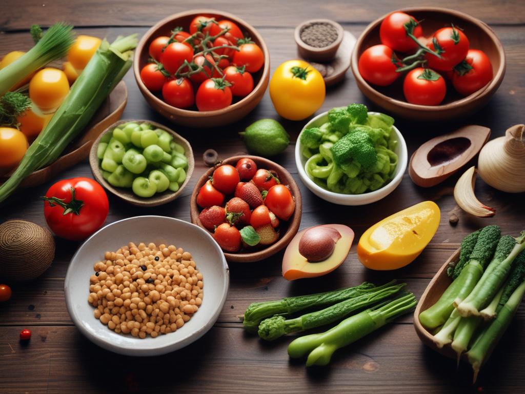 A high-resolution close-up shot of a Mediterranean diet spread, featuring fresh vegetables, fruits, whole grains, and healthy fats arranged beautifully on a rustic wooden table. The scene should include a 3D representation of a DNA sequence subtly integrated into the background, giving a sense of connection between healthy eating and genetics. The lighting should be warm and inviting, highlighting the vibrant colors of the food, and the composition should be simple and clear, focusing on the delicious and n