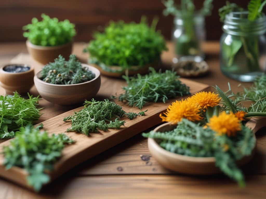 A close-up shot of a variety of medicinal herbs and plants arranged beautifully on a wooden table. The herbs should be vibrant and fresh, showcasing their colors and textures. The background should be softly blurred to emphasize the herbs, with warm natural lighting enhancing the overall inviting atmosphere. The composition focuses solely on the herbs, creating a serene and healing vibe.