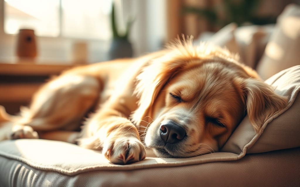 A senior pet resting peacefully at home in soft natural light