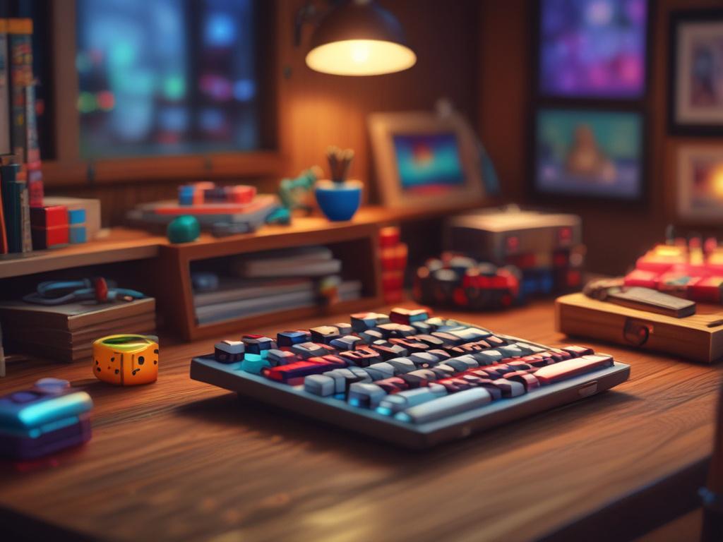 A close-up shot of colorful pixel art collectibles arranged artistically on a wooden table, softly lit to enhance colors, with a blurred background of a gaming-themed room.