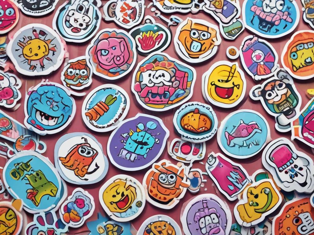 A close-up shot of assorted colorful meme stickers featuring playful designs, arranged on a bright surface with a soft focus background, highlighting the vivid colors and details of each sticker.