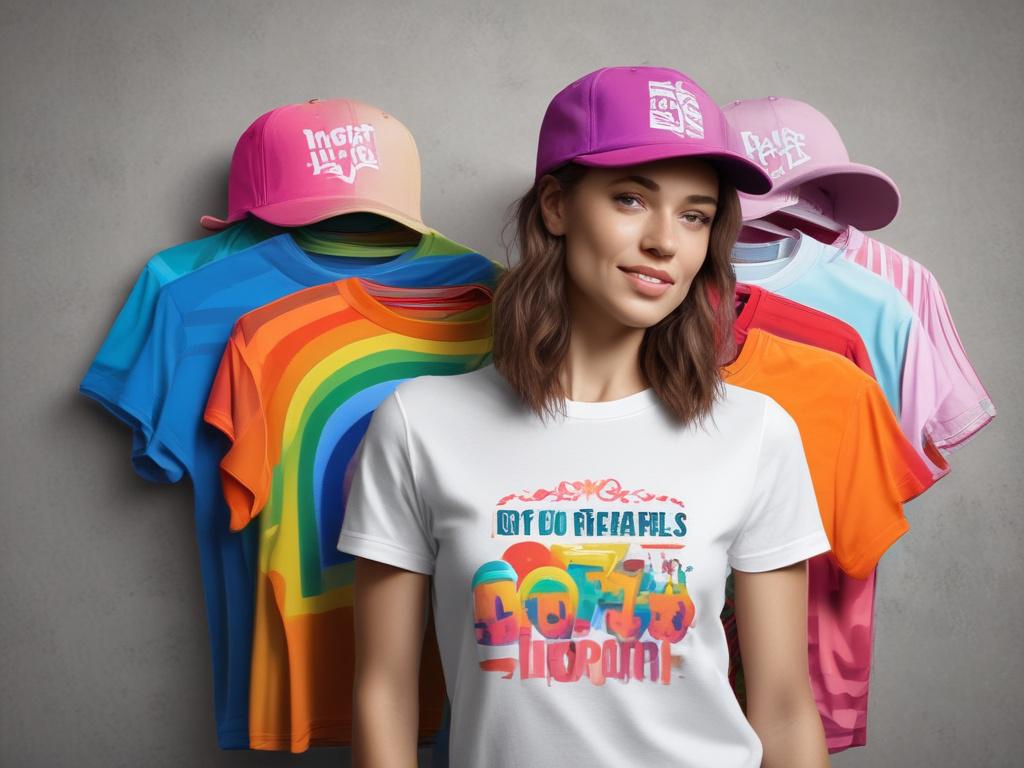 A close-up shot of a colorful t-shirt and hat displaying playful DOOP designs laid out on a flat surface, with a softly blurred background to emphasize the clothing details.