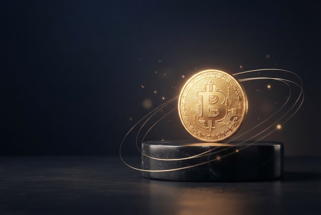 A golden Bitcoin coin illuminated against a dark background