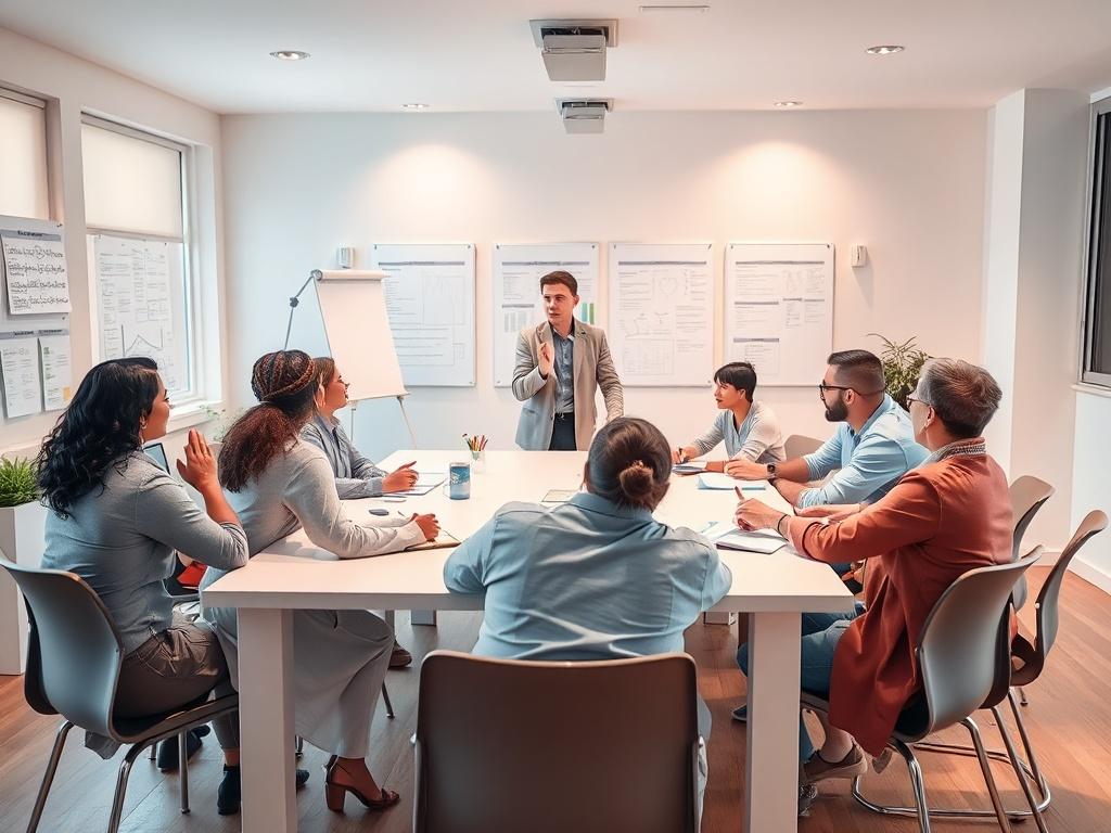 A workshop setting with a group of diverse individuals seated