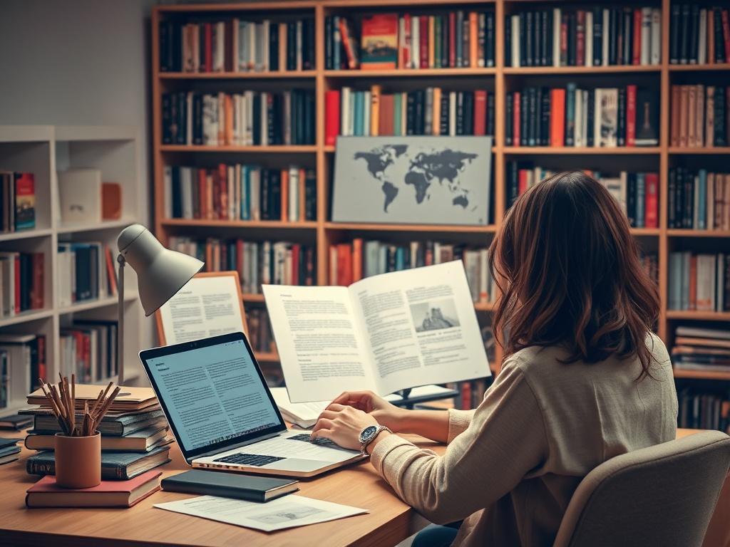 An inviting workspace with a person reviewing their book's publishing