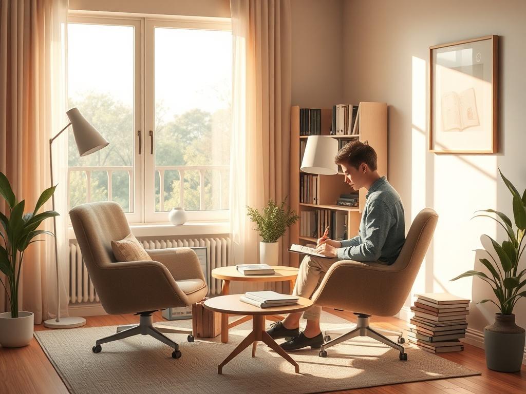 A serene office setting with a comfortable chair and a