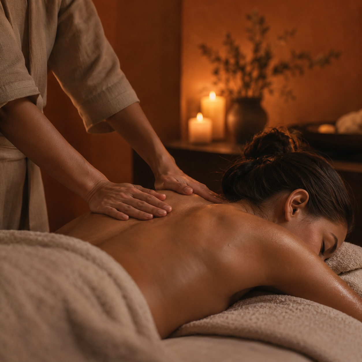 Massage therapist gently working on a client's shoulders in a warm, softly lit treatment room