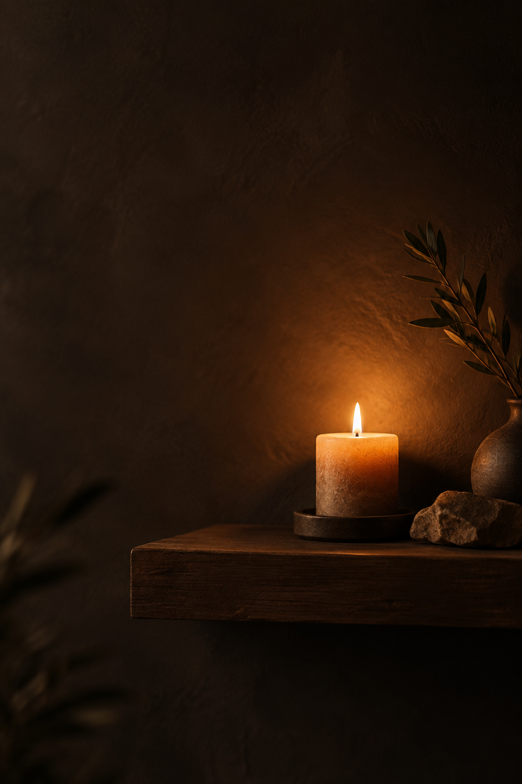 A single lit candle glowing warm terracotta in a minimal, moody, near-dark spa setting with a small plant and stone accent