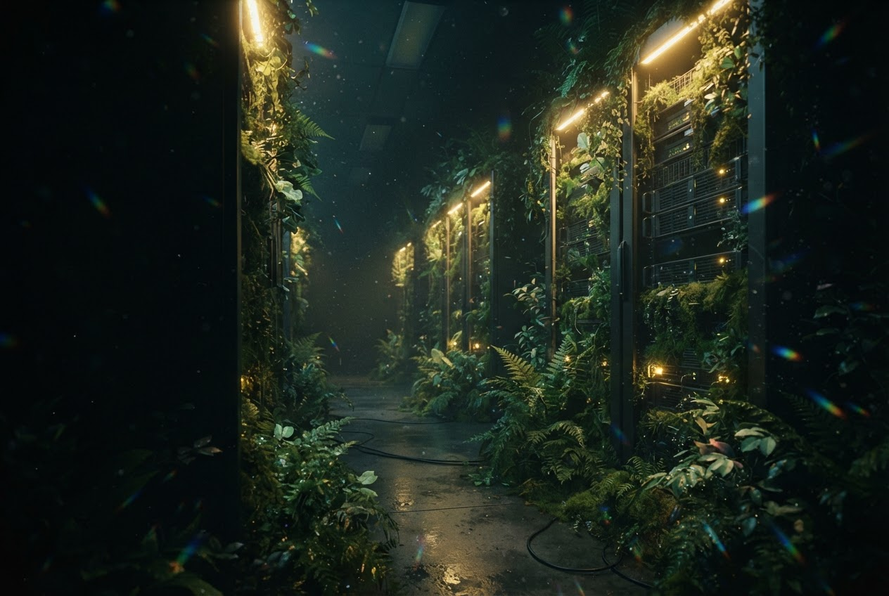 Sustainable data center blending warm golden light with lush green foliage