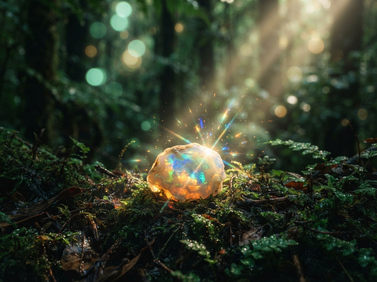 Iridescent opal gemstone refracting golden light on mossy forest ground