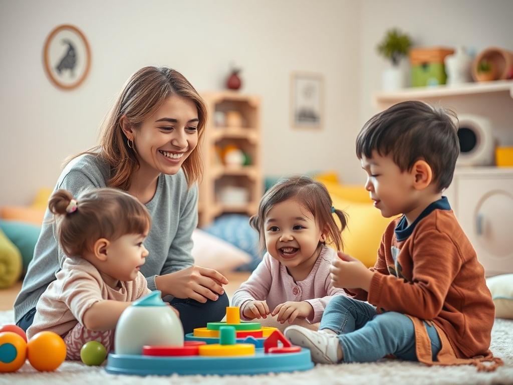 A cheerful, attentive babysitter engaging with a group of happy
