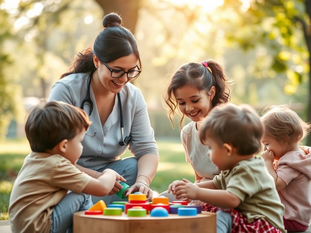 A serene scene of a cheerful caregiver playing with a