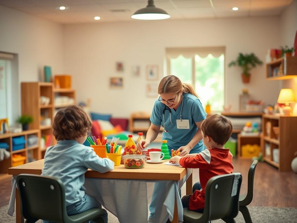 An inviting environment where a caregiver is setting up a