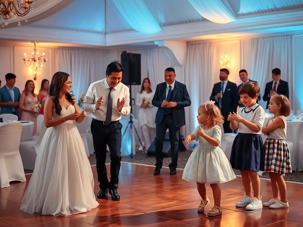 A serene scene of a wedding reception with a happy