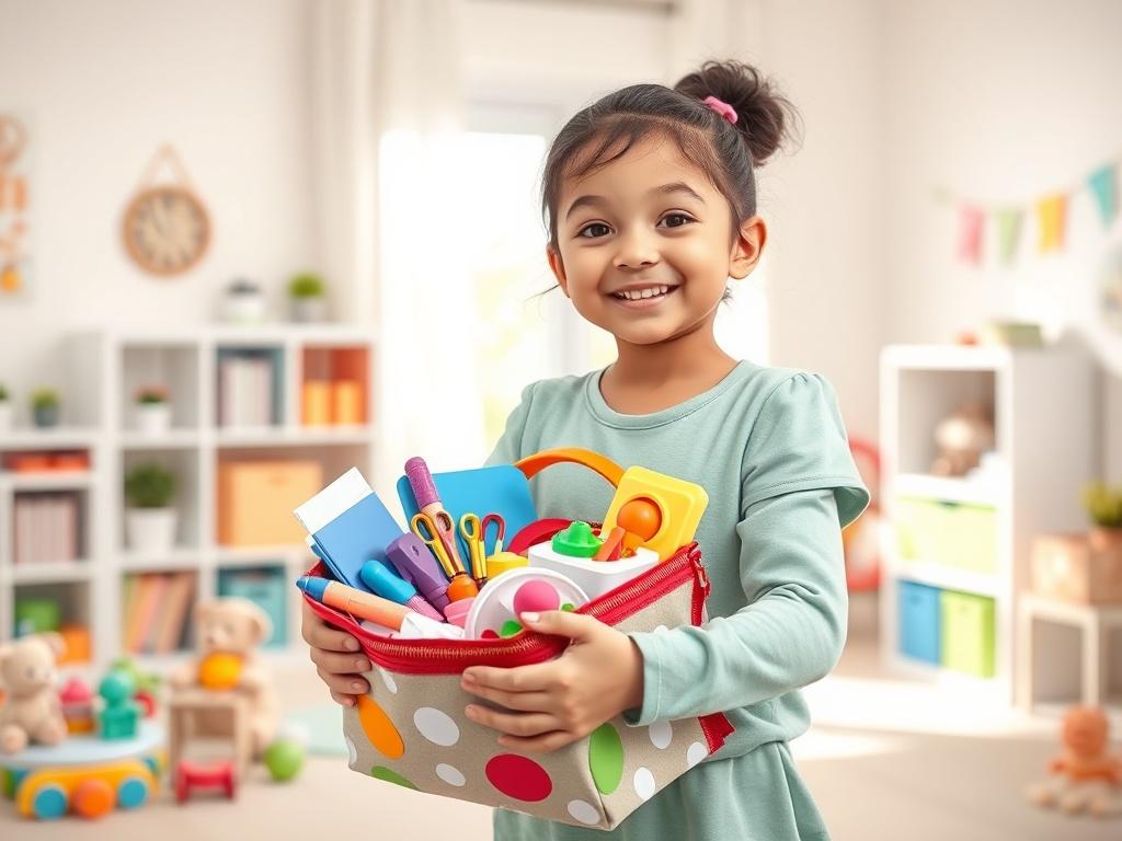 A cheerful babysitter packing a colorful activity kit with toys,