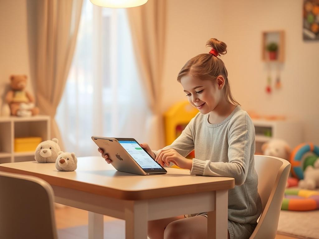 A serene scene with a friendly babysitter sitting at a