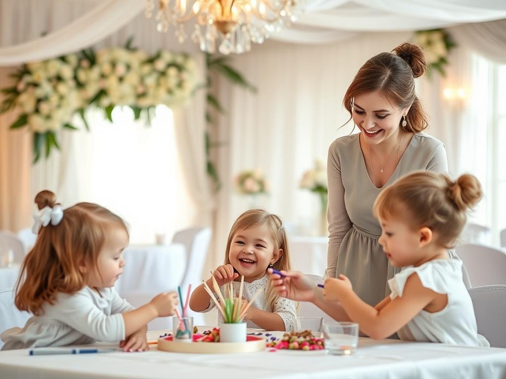A serene wedding setting with children happily playing under the
