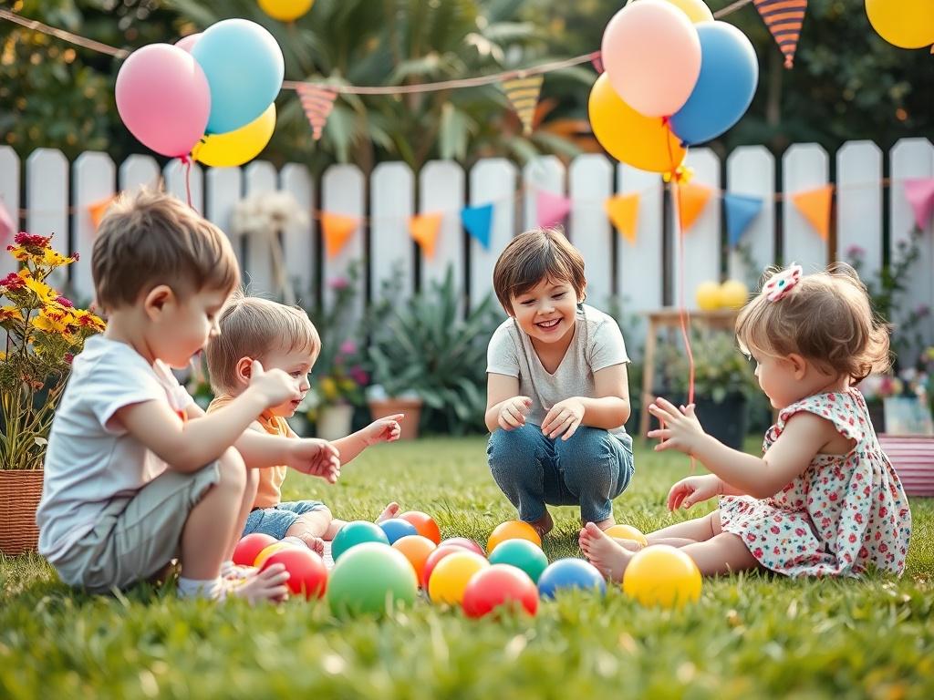 A vibrant scene of children playing games with a smiling