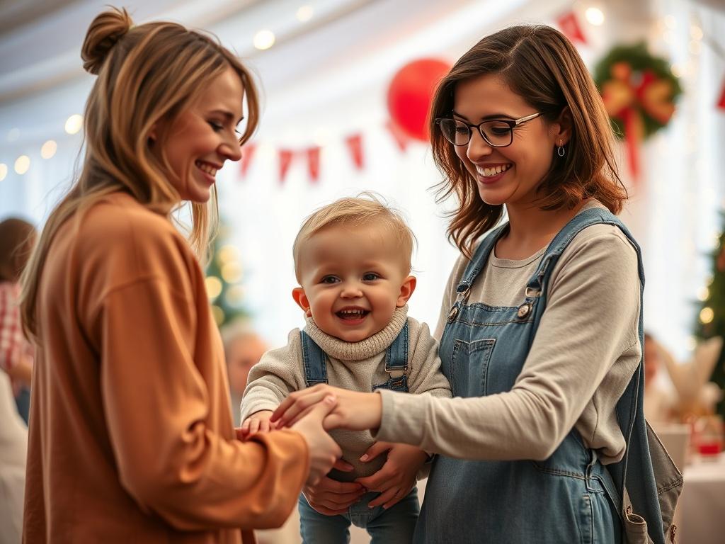 A friendly babysitter smiling as she hands over a happy