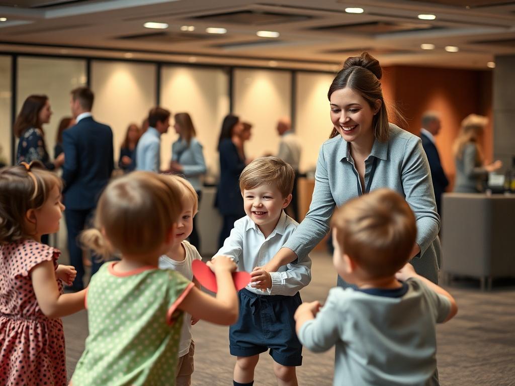 A lively corporate event scene where a group of children