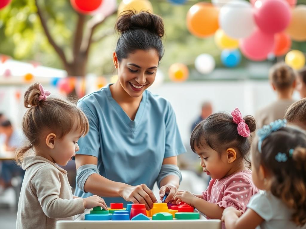 A warm and inviting scene of a childcare provider engaging a group of children at a public event. The backdrop features a beautifully decorated outdoor community gathering with colorful balloons and festive decorations. The caregiver, smiling and attentive, interacts with the children using toys and games, creating a playful atmosphere. Soft, natural lighting enhances the peaceful vibe, reflecting a sense of joy and safety. The image captures the essence of a community event where children are happily enter