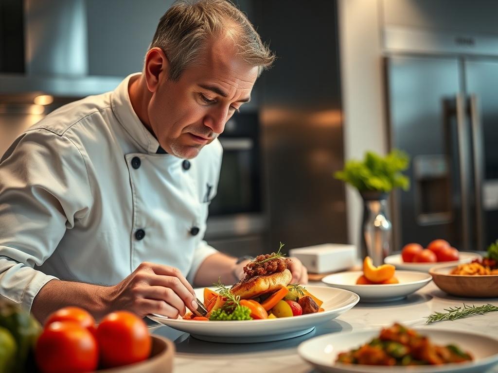 A hyper-realistic close-up shot of a personal chef in a pristine kitchen, preparing gourmet dishes. The chef, a middle-aged Caucasian man, is focused on plating a beautifully arranged dish featuring colorful vegetables and a protein, showcasing culinary artistry. The kitchen background is modern, with stainless steel appliances and fresh ingredients displayed artistically. The lighting is warm and inviting, highlighting the vibrant colors of the food.