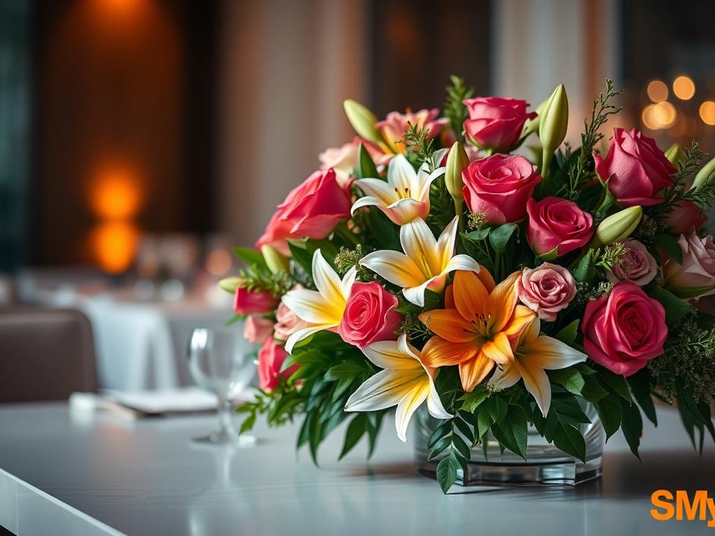 A close-up shot of a beautifully arranged floral centerpiece, featuring a mix of vibrant roses, lilies, and greenery. The arrangement is set on a sleek, elegant table with soft ambient lighting in the background, creating a warm and inviting atmosphere. The focus should be on the intricate details of the flowers, showcasing their colors and textures, with a blurred background to emphasize the centerpiece.