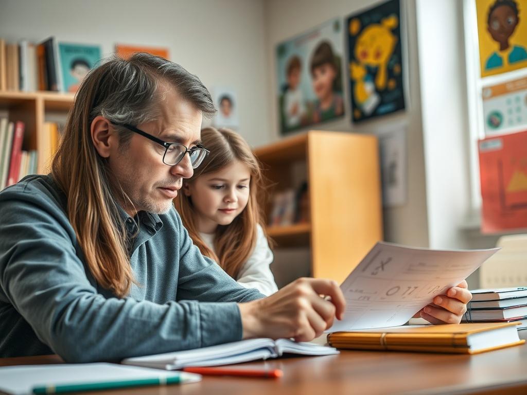 A close-up shot of a focused tutor helping a student with homework at a table. The tutor, a middle-aged man with glasses, is engaged in explaining a math problem, while the student, a young girl with brown hair, looks intently at her notebook. The background is a well-lit, cozy study room with bookshelves, and colorful educational posters on the walls, emphasizing a supportive learning environment.