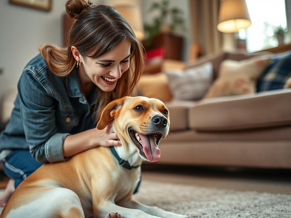 A close-up shot of a friendly pet sitter kneeling down to pet a happy dog in a cozy living room setting. The pet sitter is smiling and interacting warmly with the dog, showcasing trust and companionship. The background is softly blurred, emphasizing the connection between the sitter and the pet, with warm, inviting colors that create a sense of comfort.