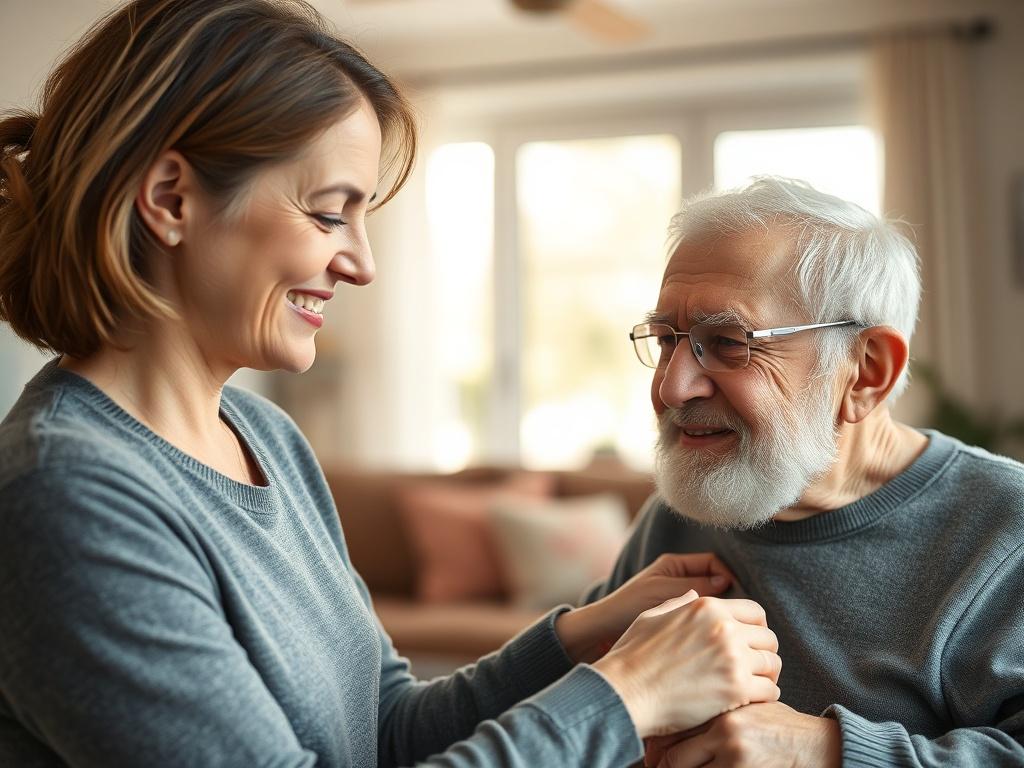 A close-up shot of a warm and compassionate elderly caregiver assisting a senior person in a home setting. The caregiver, a middle-aged woman with a friendly smile, is gently helping the elderly man with light housekeeping tasks. The background should be a cozy living room, filled with soft natural light, creating a comforting atmosphere. The caregiver's caring nature should be evident in her demeanor, showcasing a sense of trust and safety.