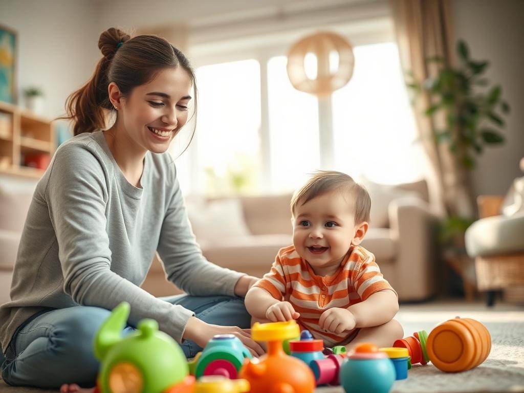 A hyper-realistic close-up shot of a cheerful babysitter playing with a toddler in a cozy living room. The babysitter, a young woman with a warm smile, is sitting on the floor surrounded by colorful toys. The background is softly blurred, showcasing a comfortable and inviting home atmosphere with natural light streaming in from a nearby window. The composition is focused on the interaction between the babysitter and the child, highlighting the joy and safety of childcare.