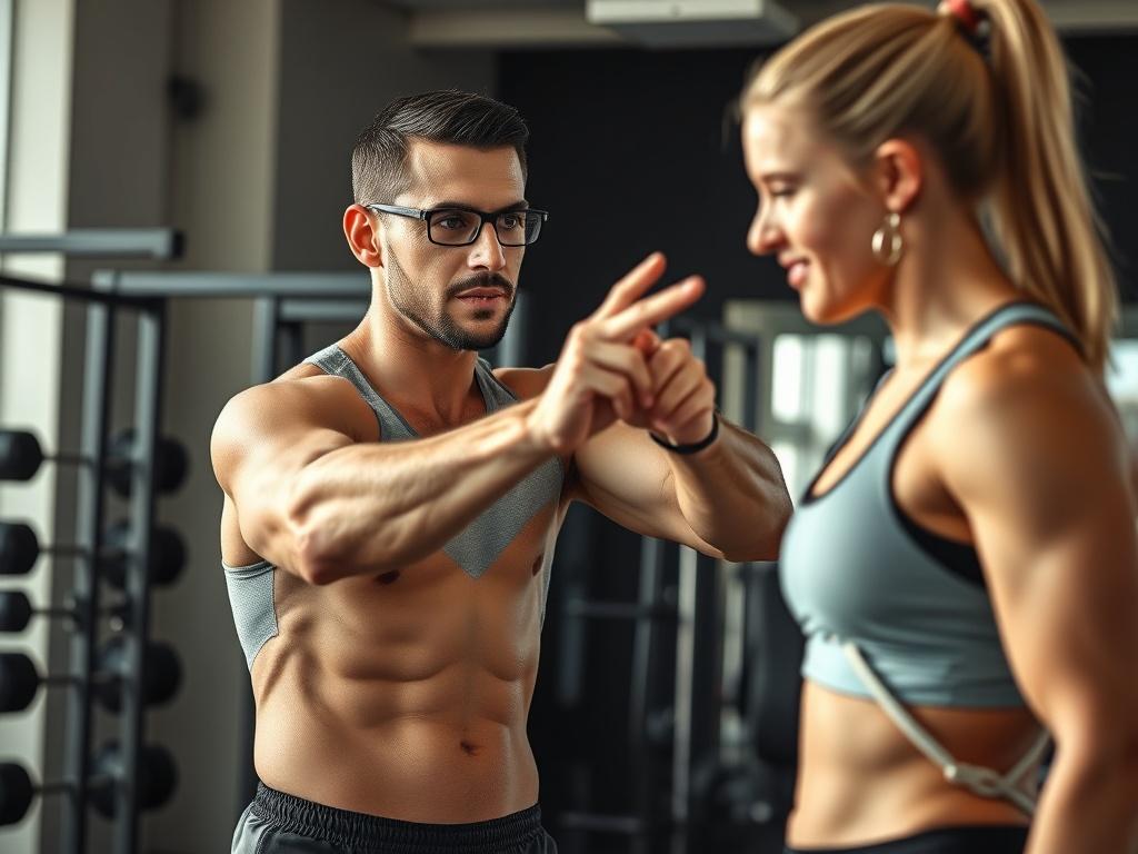 A realistic high-resolution photo of a personal fitness coach guiding a client in a gym setting. The coach, a fit individual in athletic wear, demonstrates a workout technique while the client, also dressed in workout gear, attentively follows. The background shows gym equipment, creating a motivating atmosphere. The focus is on the coach and client interaction, capturing the essence of personalized training. The lighting is bright and natural, enhancing the energetic vibe of the fitness environment.