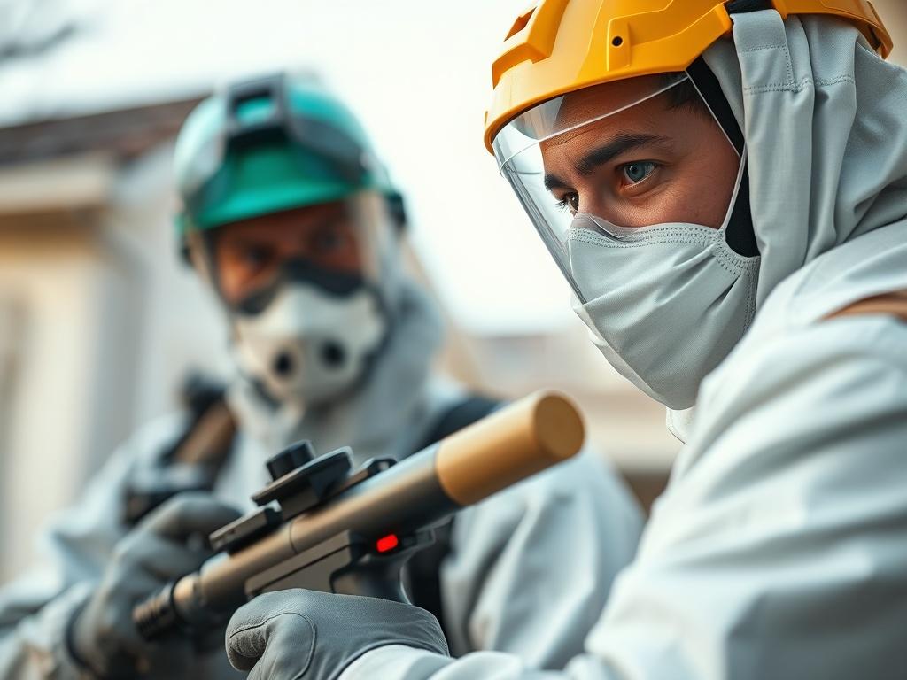 A close-up shot of a professional pest control technician in action, wearing protective gear while spraying a treatment in a residential setting. The focus should be on the technician's concentrated expression and the pest control equipment being used. The background should be blurred, highlighting the technician and creating a clean, professional atmosphere. The image should have soft lighting to enhance the realism and depth, compatible with the rgb(40, 93, 225) primary color.