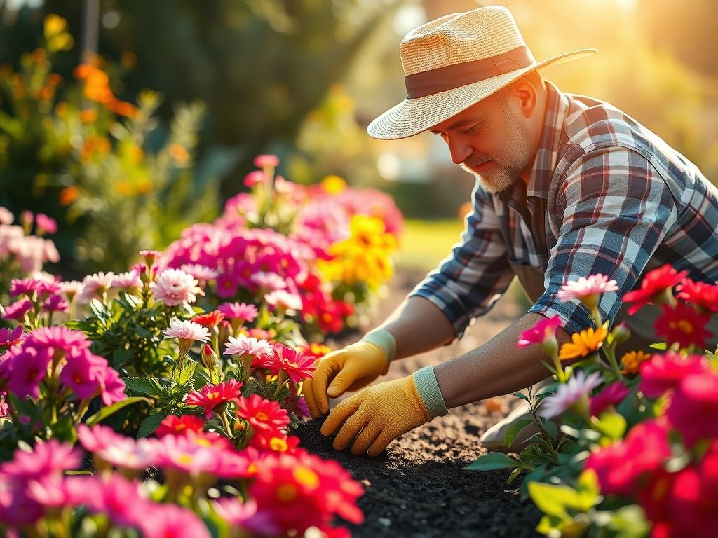 A close-up shot of a professional gardener planting vibrant flowers in a well-maintained garden. The gardener, wearing gloves and a sun hat, is focused on planting while surrounded by a variety of colorful blooms and lush greenery. The background is softly blurred to emphasize the gardener's meticulous work, with bright sunlight casting a warm glow on the scene.