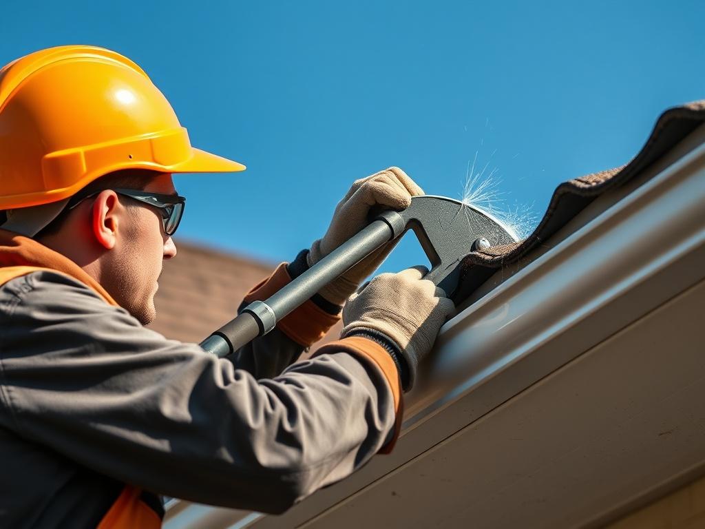 A close-up shot of a skilled roofer cleaning gutters on a residential home. The roofer is wearing safety gear, including a helmet and gloves, while using a professional gutter cleaning tool. The background shows a clear blue sky and part of the house's roof, emphasizing the importance of maintenance. The image should be hyper-realistic, focusing on the roofer's concentration and the cleanliness of the gutters being worked on.