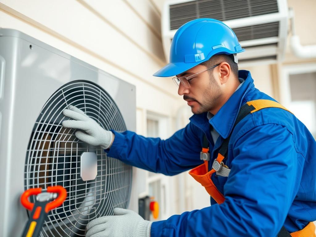 A professional HVAC technician in action, wearing a blue uniform and safety gear, working on a modern air conditioning unit. The setting is a bright, clean residential environment with tools neatly arranged nearby. The technician is focused on the task, demonstrating expertise and care. The background features a well-maintained home, showcasing a blend of comfort and professionalism, shot in high resolution with a close-up focus.