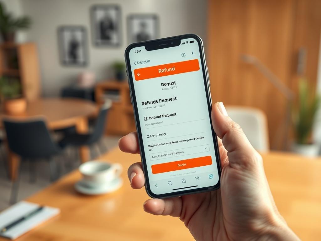 A hyper-realistic close-up shot of a hand holding a smartphone displaying a refund request being processed. The background features a cozy office setting, softly lit to create a professional atmosphere.