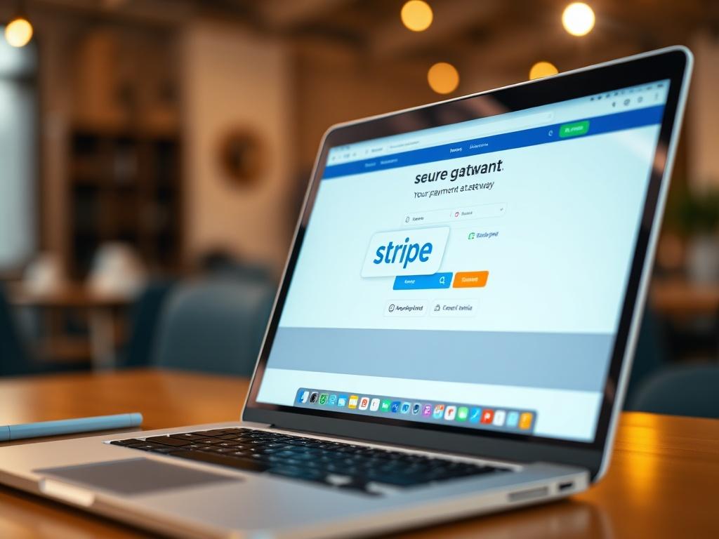 A close-up shot of a laptop screen displaying a secure payment gateway interface with vibrant colors, focusing on a Stripe logo. The background shows a blurred workspace with warm lighting, creating an inviting atmosphere.