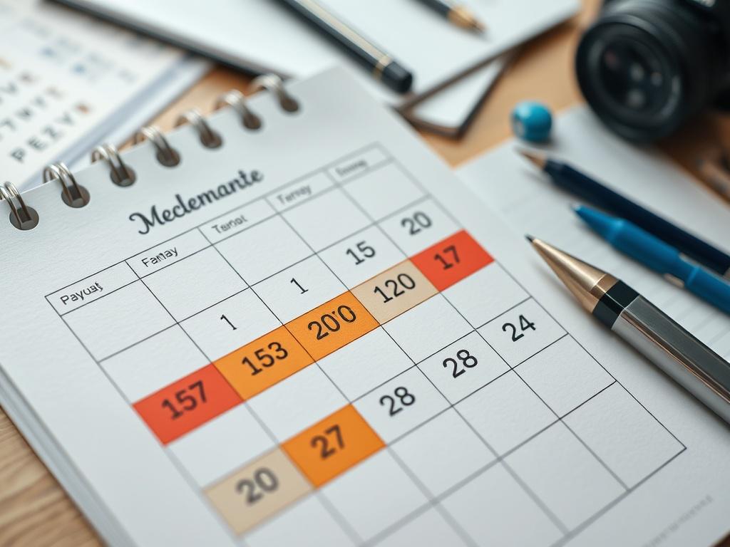 A close-up shot of a calendar on a desk with highlighted payout dates marked, surrounded by office supplies. The image conveys organization and efficiency in financial planning.