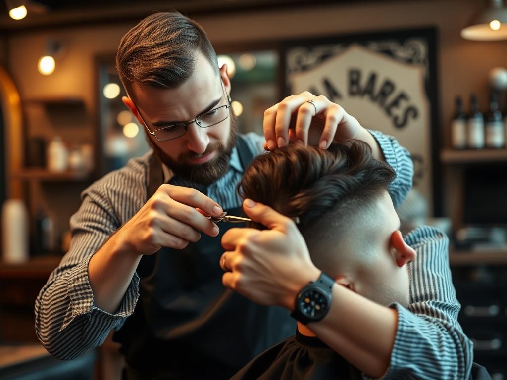 A close up shot of a skilled barber meticulously cutting