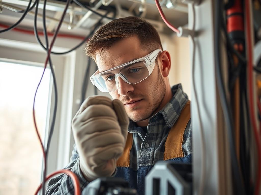 A close up shot of a skilled electrician working on