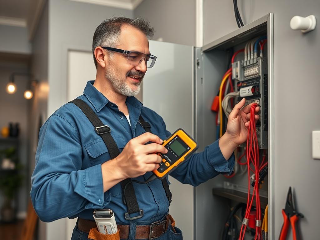 **Prompt for AI Image Generator:**

Create a realistic high-resolution photograph showcasing a professional electrician in action, focusing on the subject of selecting the right electrician for home or business needs. The image should feature a single electrician, a middle-aged individual with a friendly demeanor, wearing a standard blue work shirt, tool belt, and safety goggles. The electrician should be engaged in inspecting an electrical panel, holding a voltage tester in one hand, while the other hand i