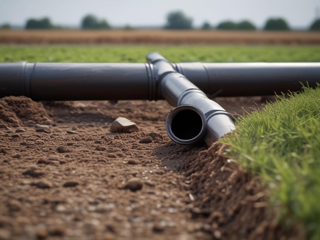 A hyper-realistic close-up photo of a high-quality agricultural drainage pipe installed in a field. The shot is taken with a 45mm f/1.2 lens style, focusing sharply on the drainage pipe's texture and water flow through it. The background is a blurred green landscape of farmland with clear skies, emphasizing the pipe's role in stormwater management. The overall color tone is compatible with the #136A5C primary color, highlighting natural and sustainable water drainage.